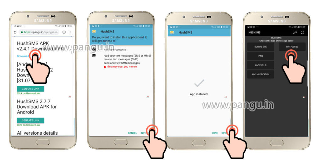 Samsung Galaxy J8 J8 Plus (2018) V8.0 Frp Lock Remove google account done install hushsms in frp locked mobile