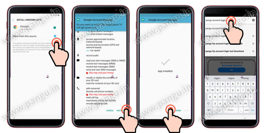 Samsung Galaxy J4 J4 Plus (2018) V8.0 Frp Lock Remove google account done download pangu frp login tool to enter new gmail in frp locked mobile